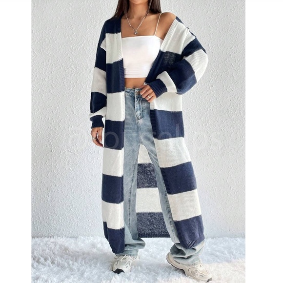 Striped White Navy Long Duster Knit Cardigan Open - Picture 6 of 8